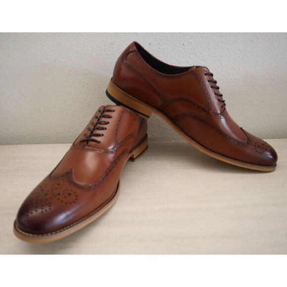 Stacy Adams Men's Sz 12M Cognac Leather Dunbar Wingtip Oxford Dress Shoes - Picture 2 of 10